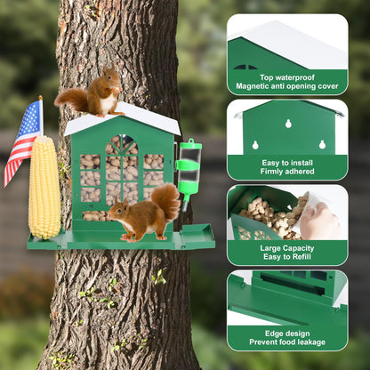 Squirrel Feeder,Metal Squirrel Feeder for Outside,with Water Bottle, Flag and Corn Cobs Holder,Outdoors Chipmunk &Squirrel Picnic Bench Feeders Table,Easy to Install & Refill