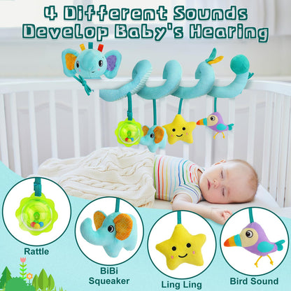 Spiral Car Seat Activity Toy, Stroller Arch Toy, Baby Crib Toys Hanging for Infant Boy Girl Ages 0-12 Months, Newborn Sensory Toy with Rattle, Squeaky, Ringing Bell for Bassinet, Stroller, Crib