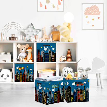 Clastyle Cityscape Hero Kid Storage Cube Organizer Set Skyline Building Silhouette Closet Clothes Cube Storage Bin Nursery Toddler Toy Box Chest Girl Boy Book Shelf Basket,Comic,11.8x11.8x11.8 in