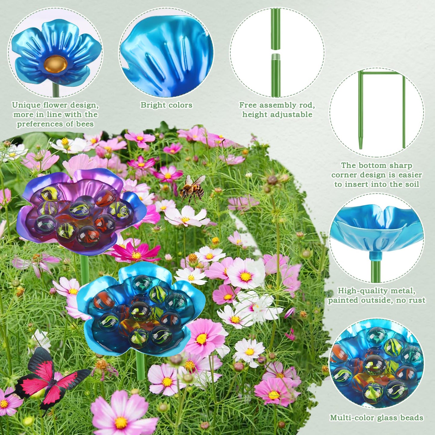 4 Pack Bee Watering Station, Metal Bee Feeder with Glass Marbles, Flower Shape Bee Butterfly Watering Station Bee Waterer for Outdoor Garden Courtyard Decor