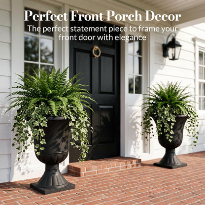 Worth Garden 2-Pack Plastic Urn Planters for Outdoor Plants, 22'' Black Tall Round Classic Resin Traditional Flower Pots - 15 in. Dia. Large Imitation Stone Decorative Pot Patio Deck Front Porch