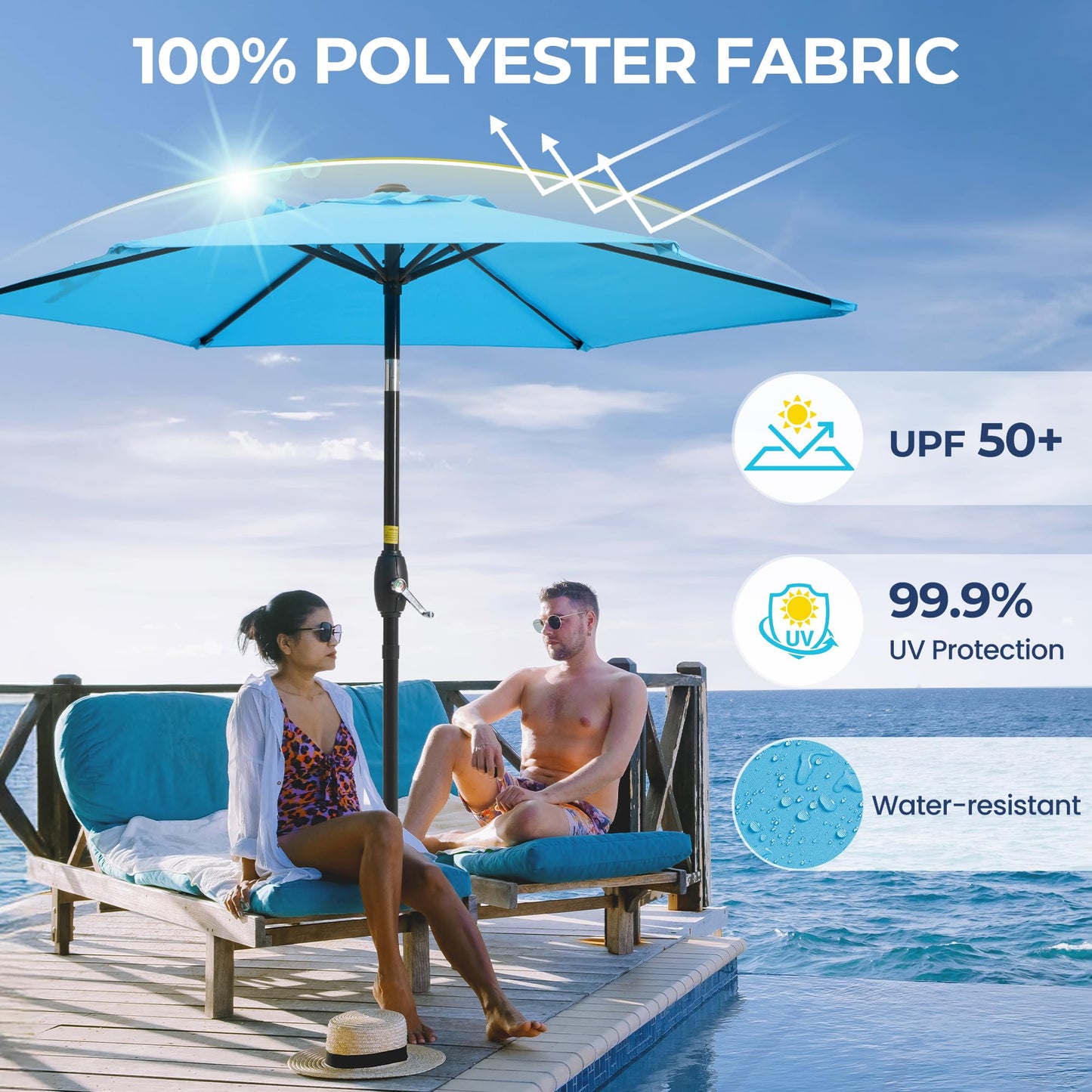 Wisteria Lane Outdoor Patio Umbrella, Market Umbrella, Large Outdoor Umbrella, Metal Pole Umbrella with Push Button Tilt and Crank, Polyester Canopy, Light Blue
