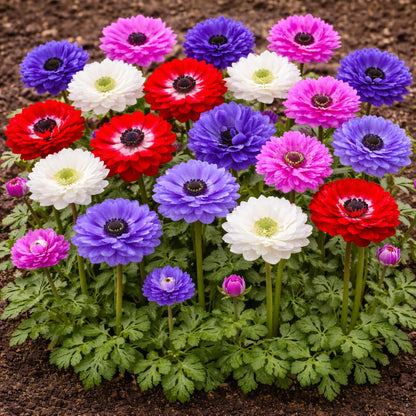 Easy to Grow Anemone St. Brigid Mix Pack of 60 Flower Bulbs - Spring Blue-Violet, Pink, Red & White Double Blooms in Sun, Great for Cutting