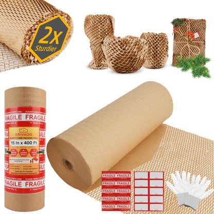 BRIVADO Honeycomb Packing Paper 15"x400' Roll with Fragile & Labeling Stickers, Gloves - Bubble Wrap for Moving,Products & Gifts Wrapping Paper, Recyclable & Biodegradable Cushioning Packing Material