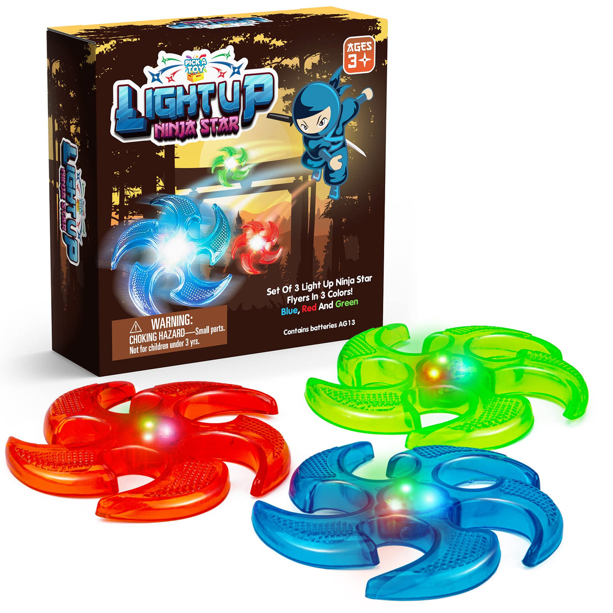 PICK A TOY Light Up Frisbee Ninja Flyers, 3 LED Electronic Stars, Heavy Duty Rubber Throwing Discs, Ninja Party Favors & Kids Toys, 3 Colors, Includes Gift Box