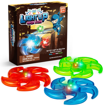 PICK A TOY Light Up Frisbee Ninja Flyers, 3 LED Electronic Stars, Heavy Duty Rubber Throwing Discs, Ninja Party Favors & Kids Toys, 3 Colors, Includes Gift Box