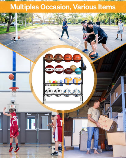 EXTCCT Basketball Rack, Outdoor Rolling Basketball Shooting Training Stand,Sports Equipment Storage with Wheels, Garage Four-Layer Ball Holder with Two Basket for Basketballs Footballs Volleyball