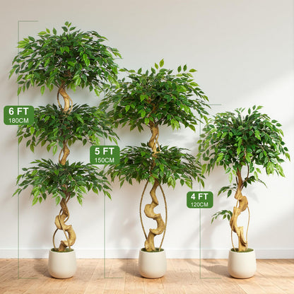 Keeplush 4ft Large Ficus Artificial Trees in White Pot, 48" Tall Fake Silk Tree with Natural Curved Trunk, Lush Faux Ficus Tree for Indoor Home Decor, Living Room, Office & Patio