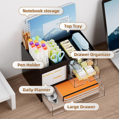 Marbrasse Desk Organizer with 3 Drawer, Multi-Functional Pencil Pen Holder for Desk, Desk Organizers and Accessories with 4 Compartments, Desktop Organizer Storage for Office Home Art Supplies (Black)