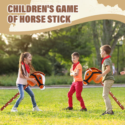 Poen 4 Pack Light Brown Horse Stick with Sound Red Bandana Set 27.6'' Toys Stick Horse Western Cowboy Bandana Head with Neighing Sound for Boys Girls Fun Pretend Games Son Daughter(Brown and Red)