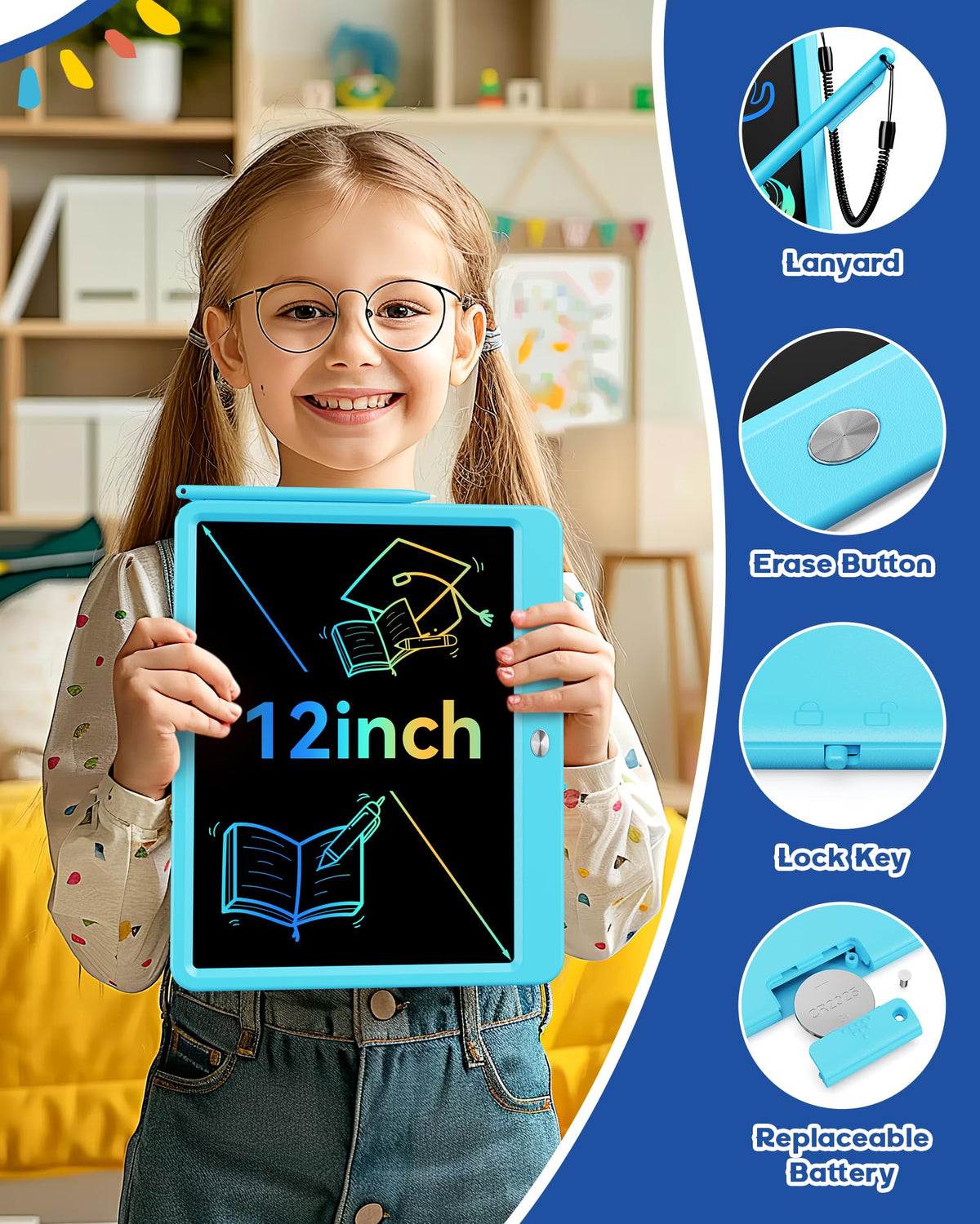 Bravokids 12 Inch LCD Writing Tablet for 3 Year Olds - Electronic Drawing Pad and Doodle Board as Educational Birthday Gifts for Girls and Boys (Blue)