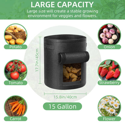 LITLANDSTAR 6 Pack 15 Gallon Potato Grow Bags, Heavy Duty Nonwoven Fabric Garden Planting Bag Plant Container with Flap and Handles, Aeration Fabric Pots for Growing Vegetable, Fruits and Flowers