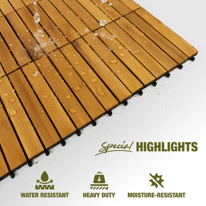 GREEN ALLUVIUM Premium Acacia Wood Interlocking Deck Tiles, 9 PCS 12"x12"x0.9" Floor Tiles, Waterproof Wood Flooring for Backyard & Outdoor Patio Decor, All Weather Use (Golden Teak – Striped Pattern)