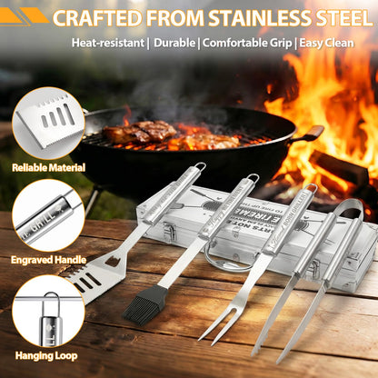 Retirement Gift for Men BBQ Grill Tools Set with Spatula Fork Tongs Brush Apron Heavy Duty Stainless Steel Grilling Accessories in Aluminum Case Retired Gifts for Dad Grandpa Coworker Teacher Boss