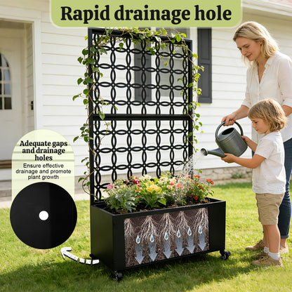 LZALMMS Metal Raised Garden Bed with Trellis and Wheels, 70"x35"x15" Large Planter Box for Climbing Plants & Vegetables, Outdoor Rolling Planter with Drainage Holes and Privacy Screen (Black)