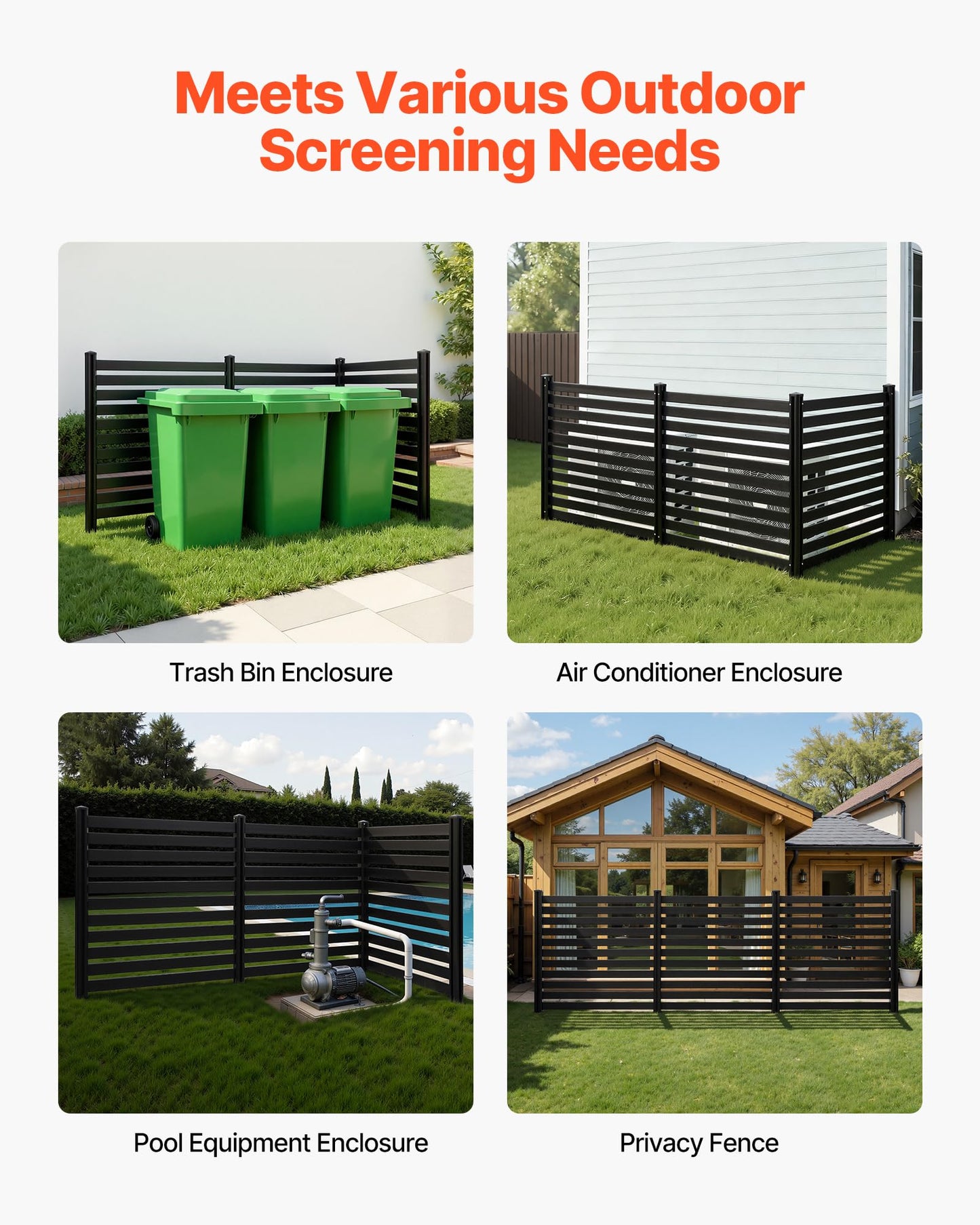 VEVOR 3 Panels Outdoor Privacy Screen, 50 x 48 in Air Conditioner Fence with 27.6 in Ground Stakes, Pool Equipment Enclosure, Vinyl Privacy Fence, Ideal for Trash Can and A/C Units, Black