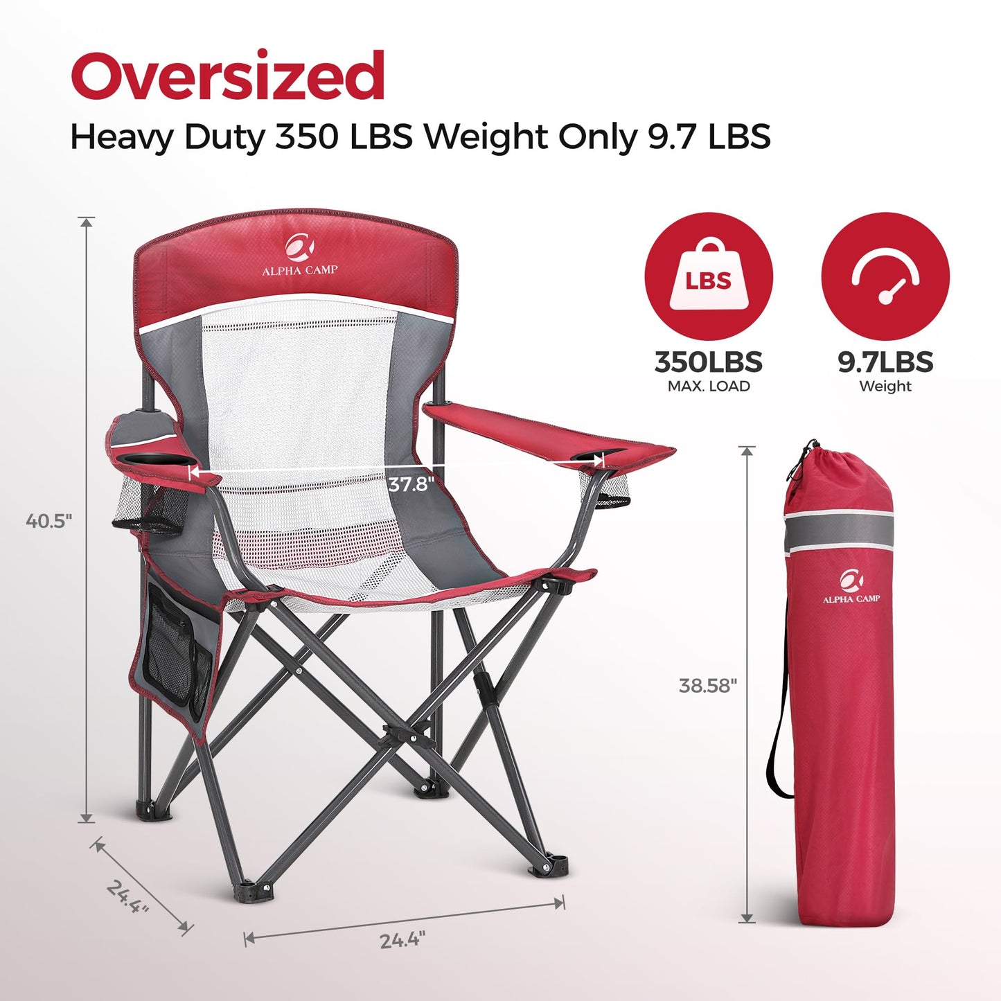 ALPHA CAMP 2PC Oversized Mesh Back Camping Folding Chair Heavy Duty Support 350 LBS Collapsible Steel Frame Quad Chair Padded Arm Chair with Cup Holder Portable for Outdoor (Red-2PC)