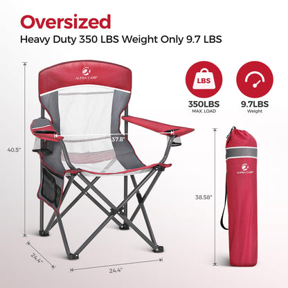 ALPHA CAMP 2PC Oversized Mesh Back Camping Folding Chair Heavy Duty Support 350 LBS Collapsible Steel Frame Quad Chair Padded Arm Chair with Cup Holder Portable for Outdoor (Red-2PC)