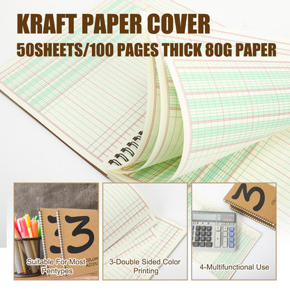 2 Pcs Accounting Ledger Book 3 Column 7 * 9.25inch Columnar Notebook Columnar Pad 3 Columns Kraft Paper Cover 100 Pages for Personal Use Small Business(50 Sheet)