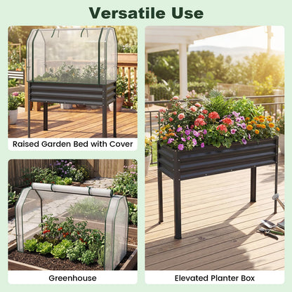 Giantex Raised Garden Bed with Legs & Greenhouse Cover, 44x22x60 Elevated Metal Planter Box with Roll-up Door, Outdoor Mini Greenhouse for Vegetable Flower Herb Patio Balcony (Black,2)