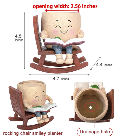 RZOIKZOI Rocking Chair Smiley Face Planter with Drainage Hole, Cute Plant Pots for Indoor Outdoor Plants,Unique Flower Pot for Succulents, Gift for Mother's Day, Birthday, Christmas