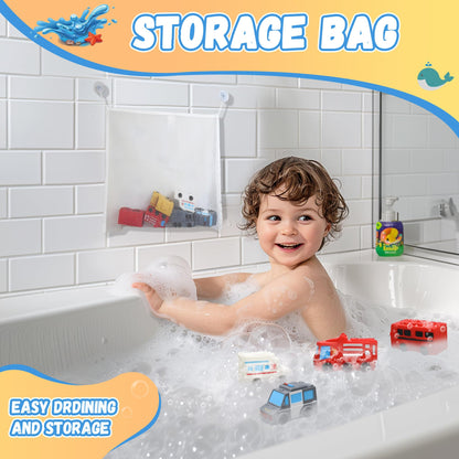 Mold Free Bath Toys with Mesh Storage Organizer, 6 Packs No Hole Baby & Toddler Bathtub Toys: Water Floating Vehicles Truck School Bus Car Toys, Sealed Soft Silicone Rubber Bath Toys for Kids Ages 0+