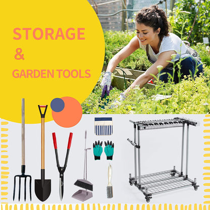 QTJH Mobile garden tool organizer metal Garage Storage Holder storage large long lawn tools heavy duty tool rack sturdy yard cart