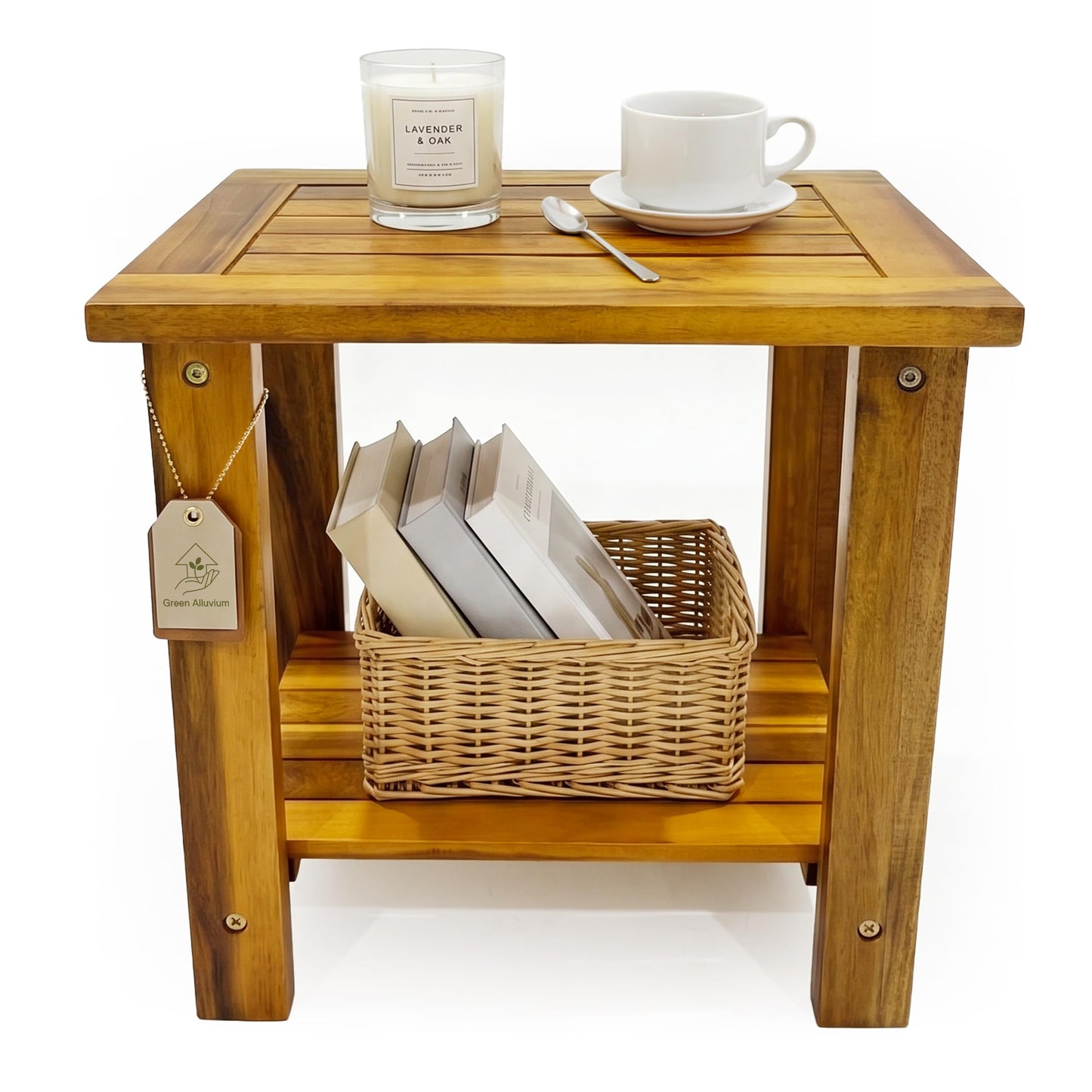 GREEN ALLUVIUM Double Adirondack Table - Weatherproof Outdoor Side Table - Patio End Tables for Outside - Adirondack Side Table - Acacia Wood 2-Tier End Table for Indoor & Outdoor Use