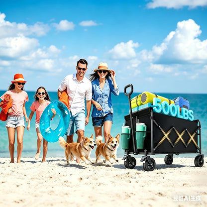 Wagons Carts Foldable Collapsible Foldable Extended Wagon with Brakes, 500lbs Weight Capacity, Heavy Duty Folding Utility Garden Cart with Big All-Terrain Beach Wheels & Drink Holders