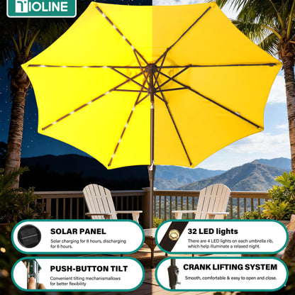 Tioline 9FT Solar-Powered LED Patio Umbrella with Tilt Crank,Outdoor Market Umbrella with 32 Lights,Sunshade for Deck, Garden and Pool,Yellow