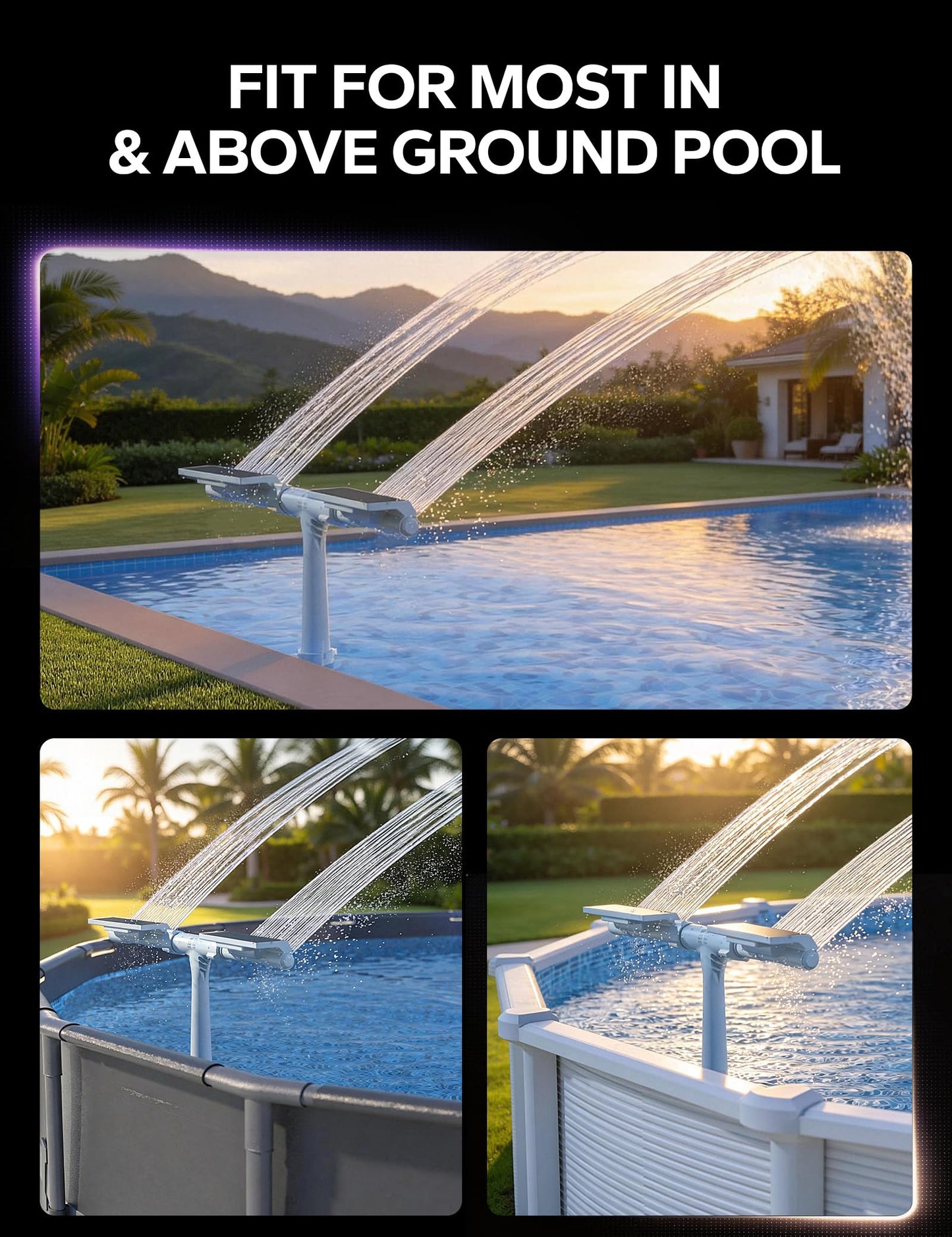 POOLHACKER Solar Pool Fountain with 10-Color LED Lights, Newly Refined Streamlined Design, Auto Dusk Sensor & Timer, Remote Control, Dual-Head Adjustable Spray for Above & Inground Pools