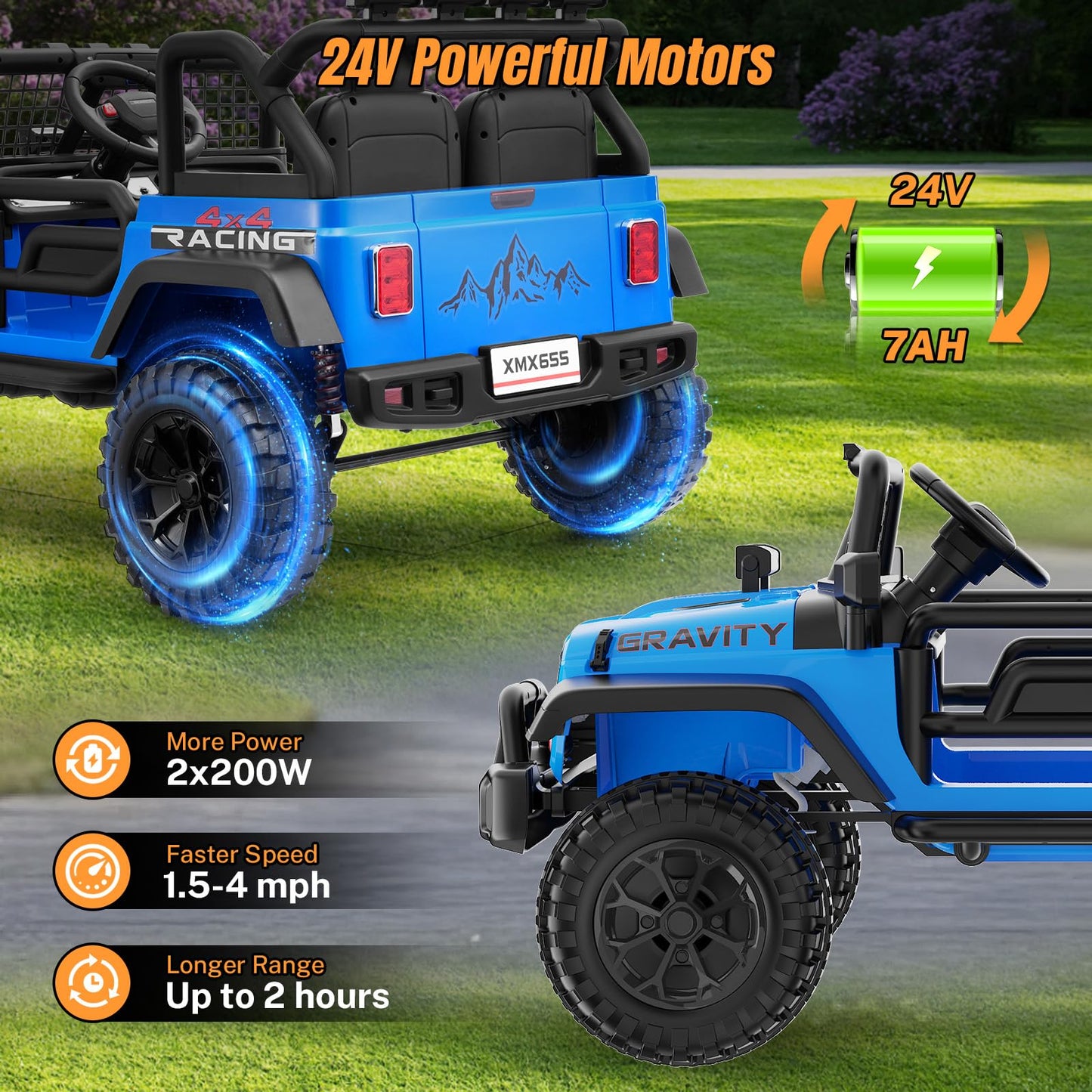 Hikole 24V 2 Seater Ride On Car for Kids with Remote Control, 4X4 400W XL Power Truck Wheels with 20" Wide Seat, Soft Start, 3 Speeds, Music, Bluetooth, 24 Volt Ride On Toys for Girls Boys 3-8, Blue