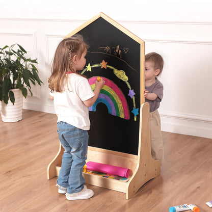 House Design Double-Sided Magnetic Drawing Board w/Detachable Roller and Bi-Storage Frame Holder for Kids, Extra Large Art Easel for Toddlers Boys and Girls Gift (Wall Mountable)