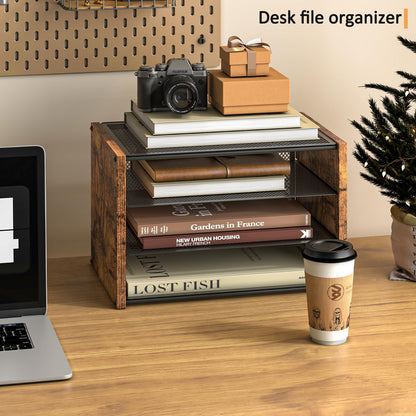 3-Tier Paper Letter Tray, Wooden Desk File Organizer, Stackable Metal Mesh Desk Organizer for Office Supplies. Small Paper Trays for Home Office School, Rustic Brown