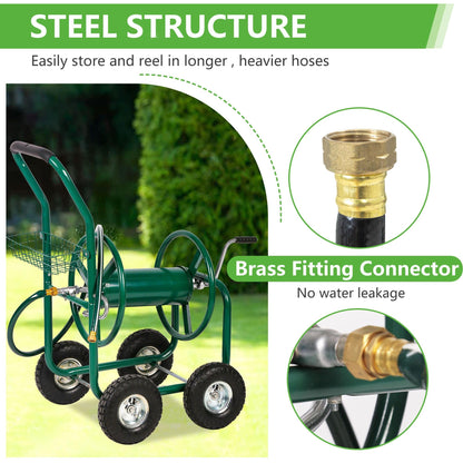 FDW Garden Hose Reel Cart, Water Hose Cart with 4 Wheels, Hold Up to 300 ft of 5/8’’ Hose，Heavy Duty Powder-Coated Steel Planting with Storage Basket, for Garden, Yard and Lawn