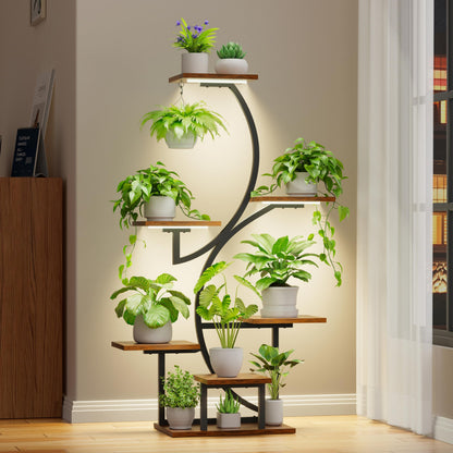 BACEKOLL Plant Stand Indoor with Grow Lights, 7 Tiered Plant Shelf Indoor, 44" Corner Plant Stands for Indoor Plants, Tall Plant Flower Display Shelf, S-Shaped Plant Rack for Home, Living Room, Black