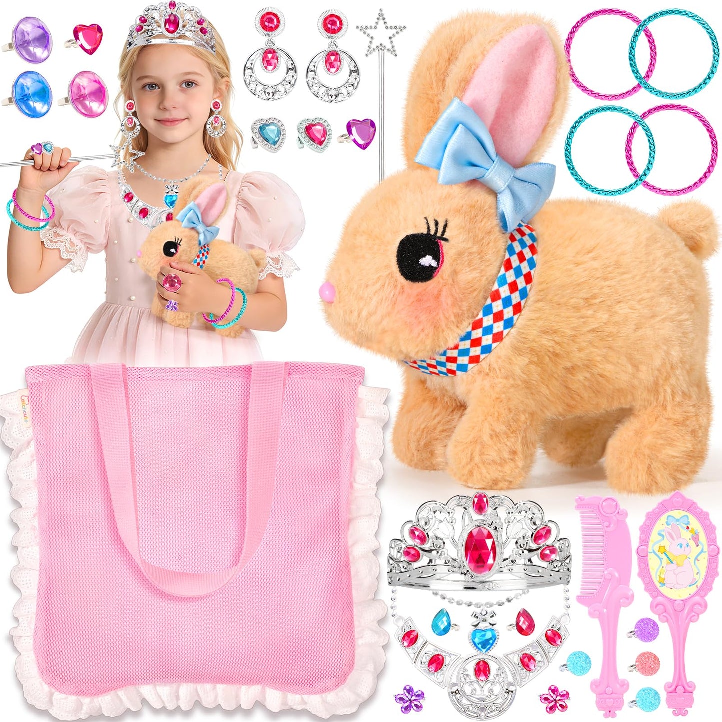 CatchCute Plush Toys Interactive Realistic Walking Bunny Toy Set with Leash and Mesh Storage Bag,Stuffed Bunny with Princess Jewelry Accessories,Perfect Thanksgiving Birthday Gifts for Kids