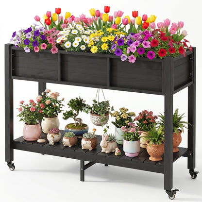 DWVO 47x18x31in Raised Garden Bed Outdoor HDPE with Legs and Lockable Wheels, Weather-Resistant Poly-Wood Elevated Planter Box, Double Tier Planters for Backyard Patio Balcony, Black