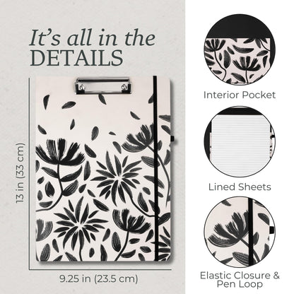 Steel Mill & Co Cute Clipboard Folio with Refillable Lined Notepad and Interior Storage Pocket, Padfolio for Work/Nursing/Teachers, Hand Drawn Black Floral