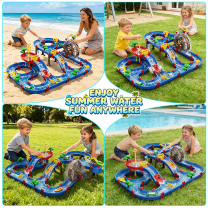 VATOS 2-Tier Watermill Summer Water Table, 124 PCS DIY Water Table with Water Pump Toys for Toddlers 3-5 4-7 Years Old, Fun Water Playset Outdoor Water Summer Toys for Backyard, Beach, Balcony, Garden