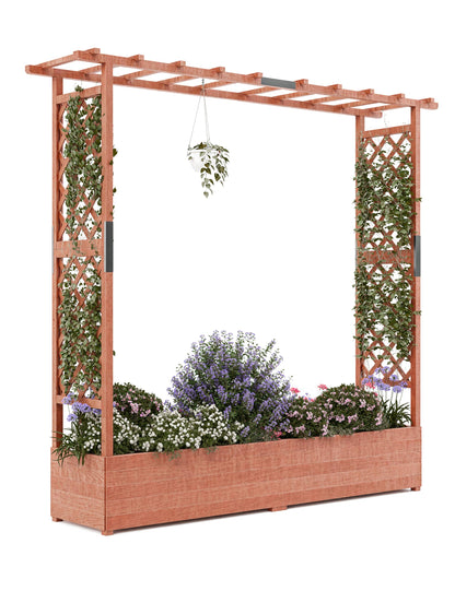 GarveeLife Raised Garden Bed with Trellis, 72 in Wood Planter Box with Side Trellis, Hanging Roof, and 4 Drainage Holes, Freestanding Elevated Garden Bed for Climbing Plants, Vines, Flowers