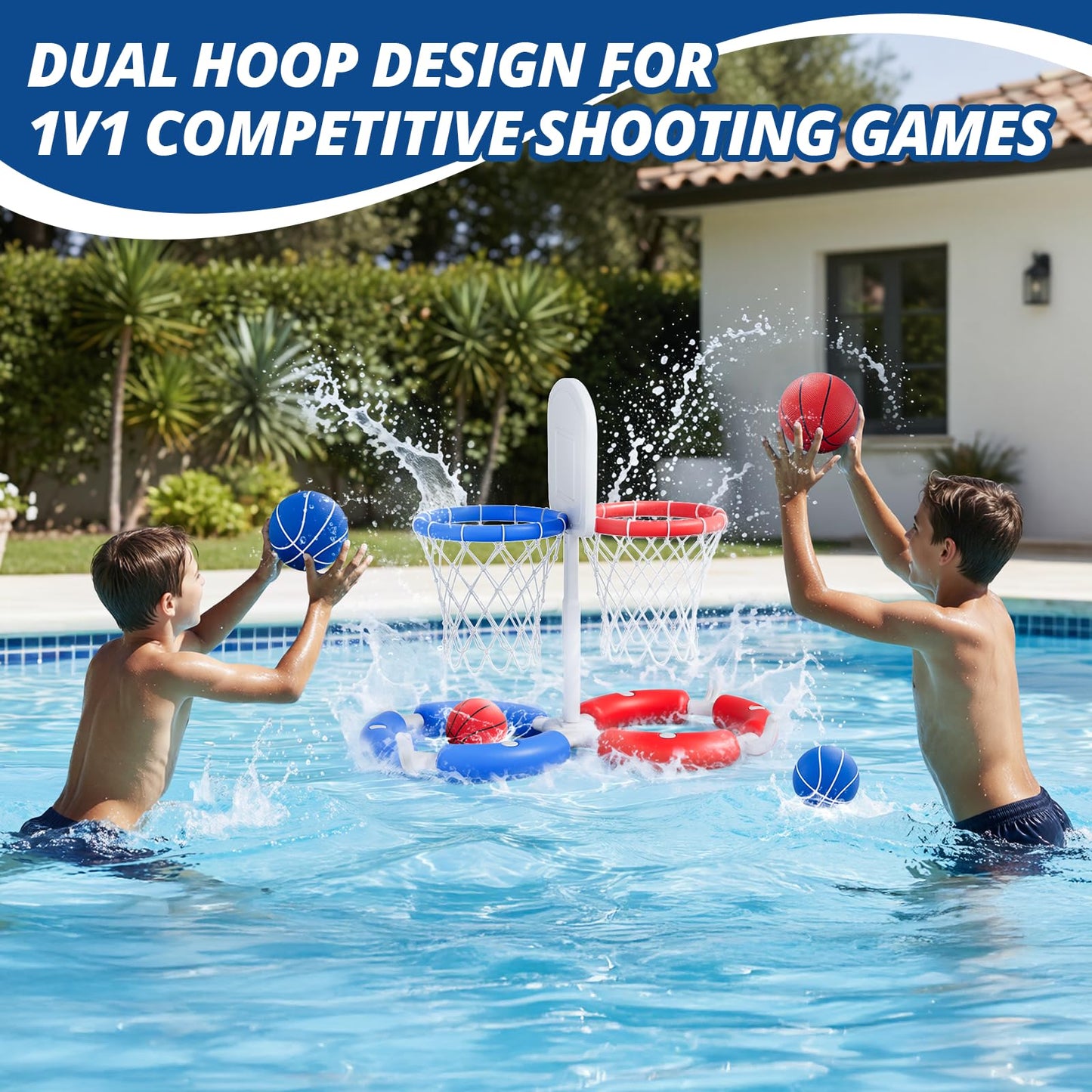 HYES Double Pool Basketball Hoop with Backboard, 2-in-1 Floating Pool Toys Ring Toss Game, 2 Player Games Summer Outdoor Water Toys Gifts for Kids Ages 4-8 8-12 & Adults, Family Swimming Pool Party
