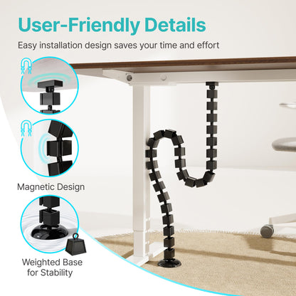 PEGZONE Under Desk Cable Management Spine – Flexible Cable Snake Organizer for Standing Desk, Tool-Free Magnetic Vertebrae Wire Management for 0.4"-2" Table, Black