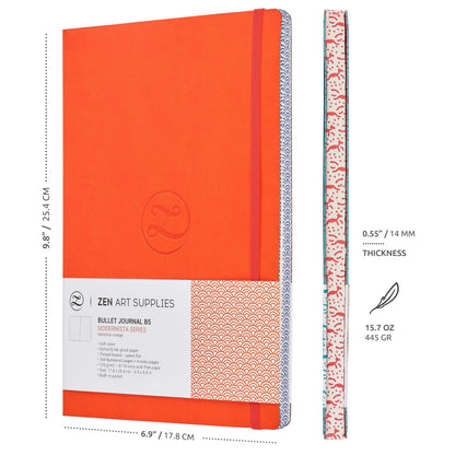 Soft Cover Large B5 Dotted Journal - Enjoy Bullet Journaling with a 7x10-inch, Non-Bleed Thick 120gsm Paper, Dot Journal in Orange, Japanese Edge Motif - Faux Leather Lay Flat Dot Notebook