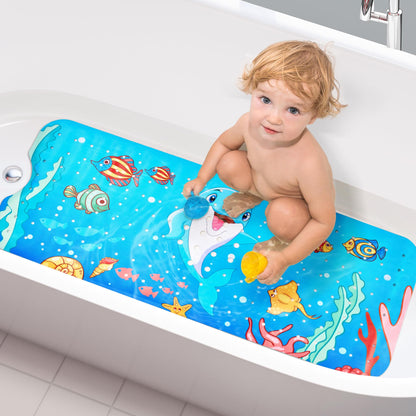 Vannokor Baby Bath Mat for Tub Non Slip Kids, 40 X 16 Inch Extra Long Bathtub Mat with Drain Holes and Suction Cups, Anti Slip Shower Mat Machine Washable, Dolphin