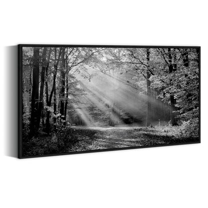 Black White Forest Wall Art - Sunset Landscape Framed Canvas Picture Woodland Painting Nature Tree Scenery Artwork Prints for Bedroom Living Room