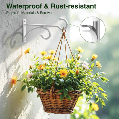 pickpiff 6-Inch Planter Hooks for Hanging Plants - Plant Hanger Hook Indoor Outdoor, Plant Wall Hooks, Brackets for Hanging Plants, Baskets, Wind Chime, Bird Feeder, Bird House (White, Metal, 2 Pack)
