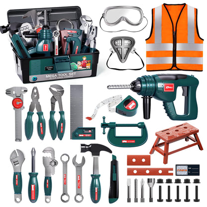 Deejoy Tool Set with Tool Box & Electronic Toy Drill, Pretend Play Kids Construction Kits for Kids Ages 3-5 Years Old, Toddler Boy Toys(Green)