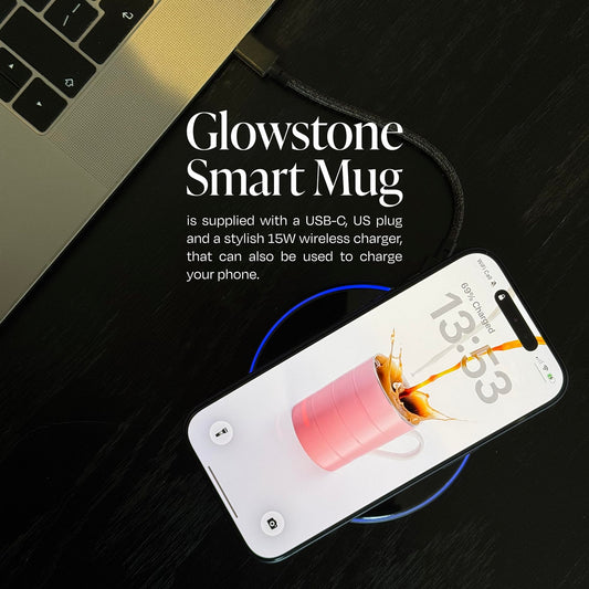 Glowstone Smart Heated Coffee Mug with Wireless Charging Base Self-Heating Made from Fine Bone China Electric Coffee Mug and Self Heating Mug Keeps Drinks Hot Stay Hot Electric Coffee Mug (Stone)