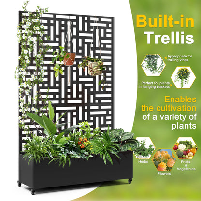 FENCY Metal Raised Garden Bed with Wheels and Trellis,73"x47"x16" Planter Box for Climbing Plants, Vegetables & Vines, Features Privacy Screen and Drainage Holes (Black-Geometric Lattice)